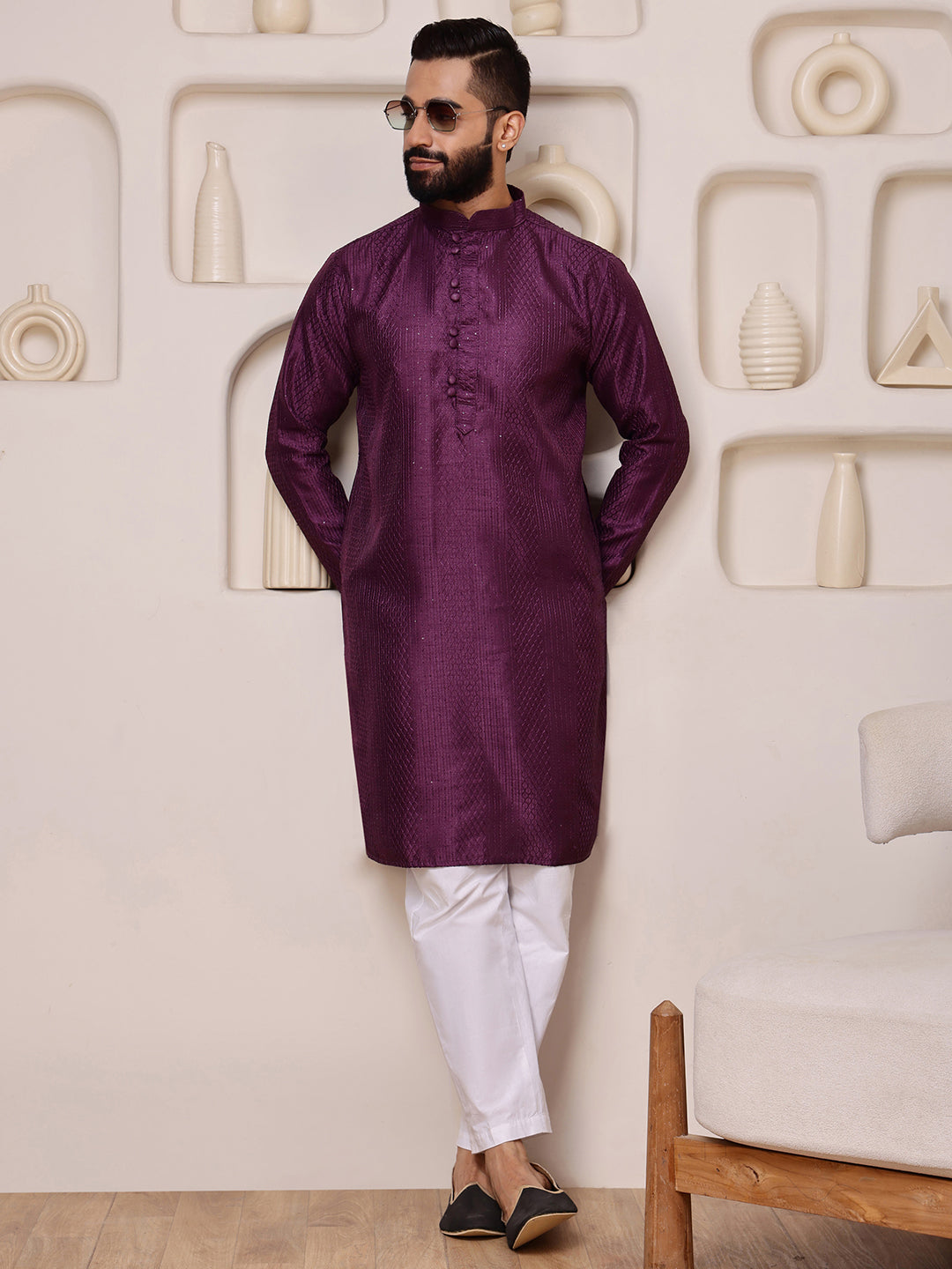 Wine Embroidered Kurta with Mirror Work