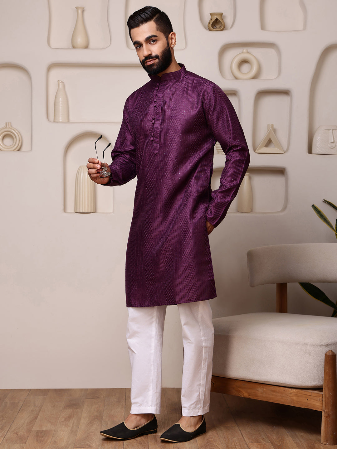 Wine Embroidered Kurta with Mirror Work
