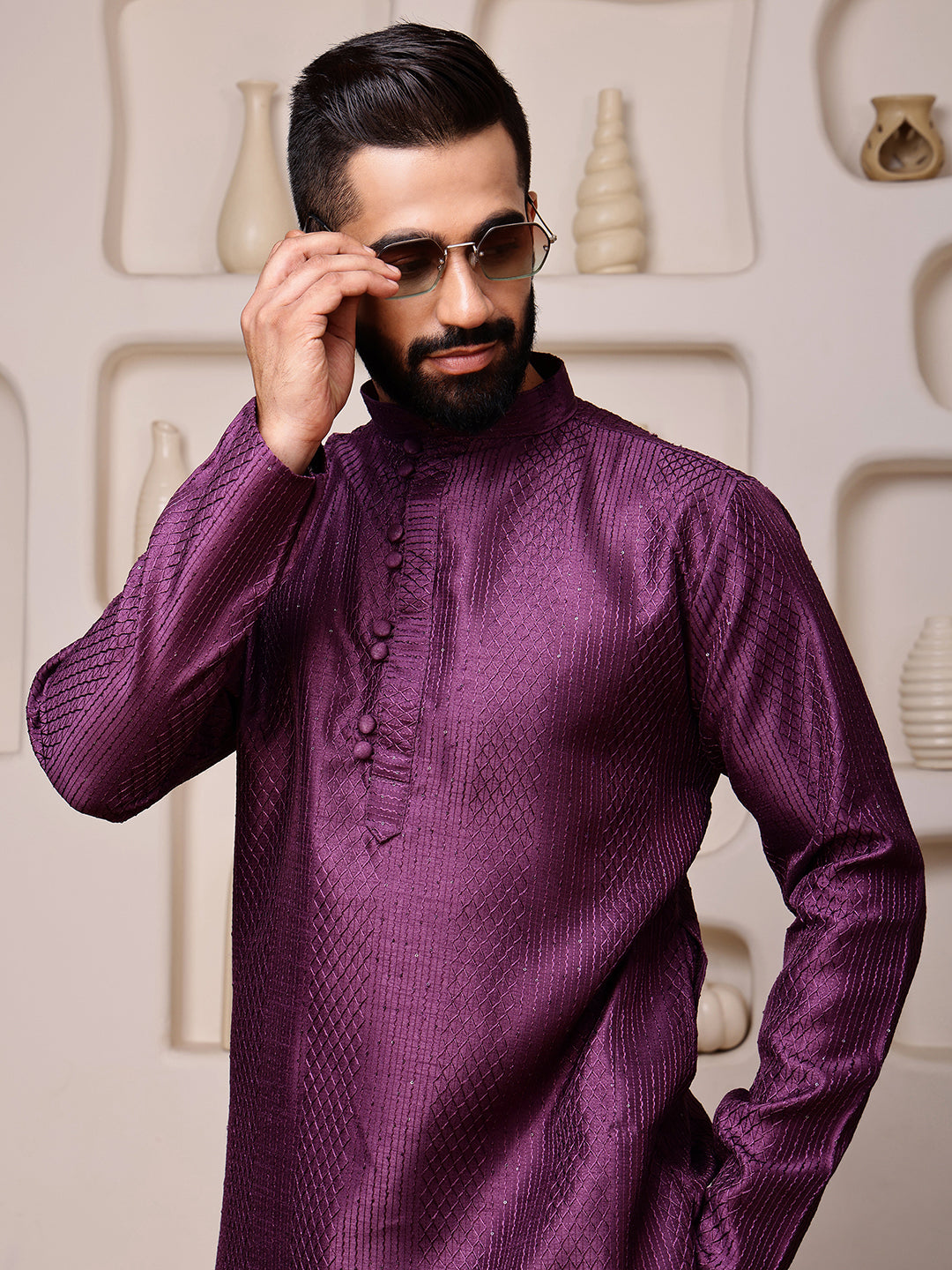 Wine Embroidered Kurta with Mirror Work