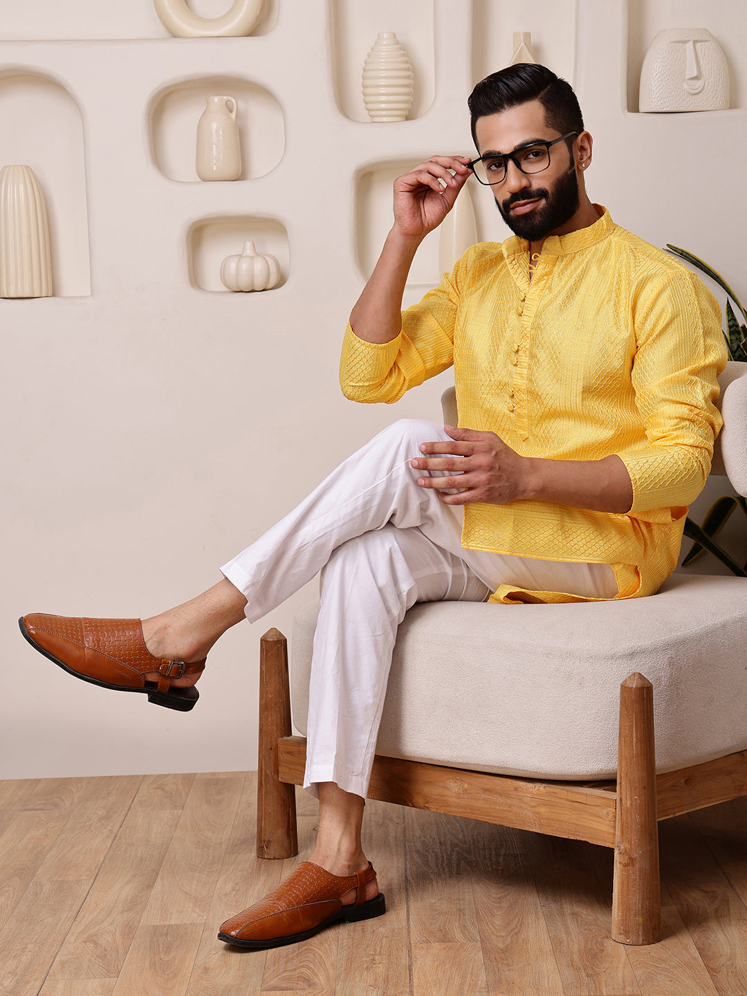 Yellow Embroidered Kurta with Mirror Work
