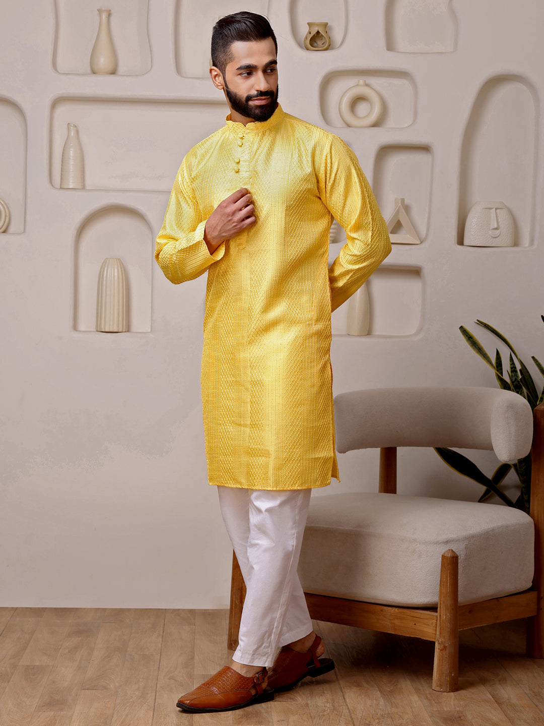 Yellow Embroidered Kurta with Mirror Work