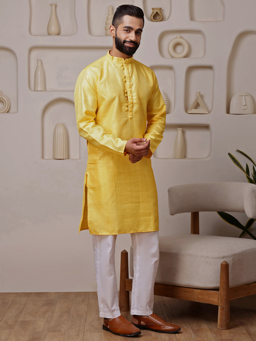 Yellow Embroidered Kurta with Mirror Work