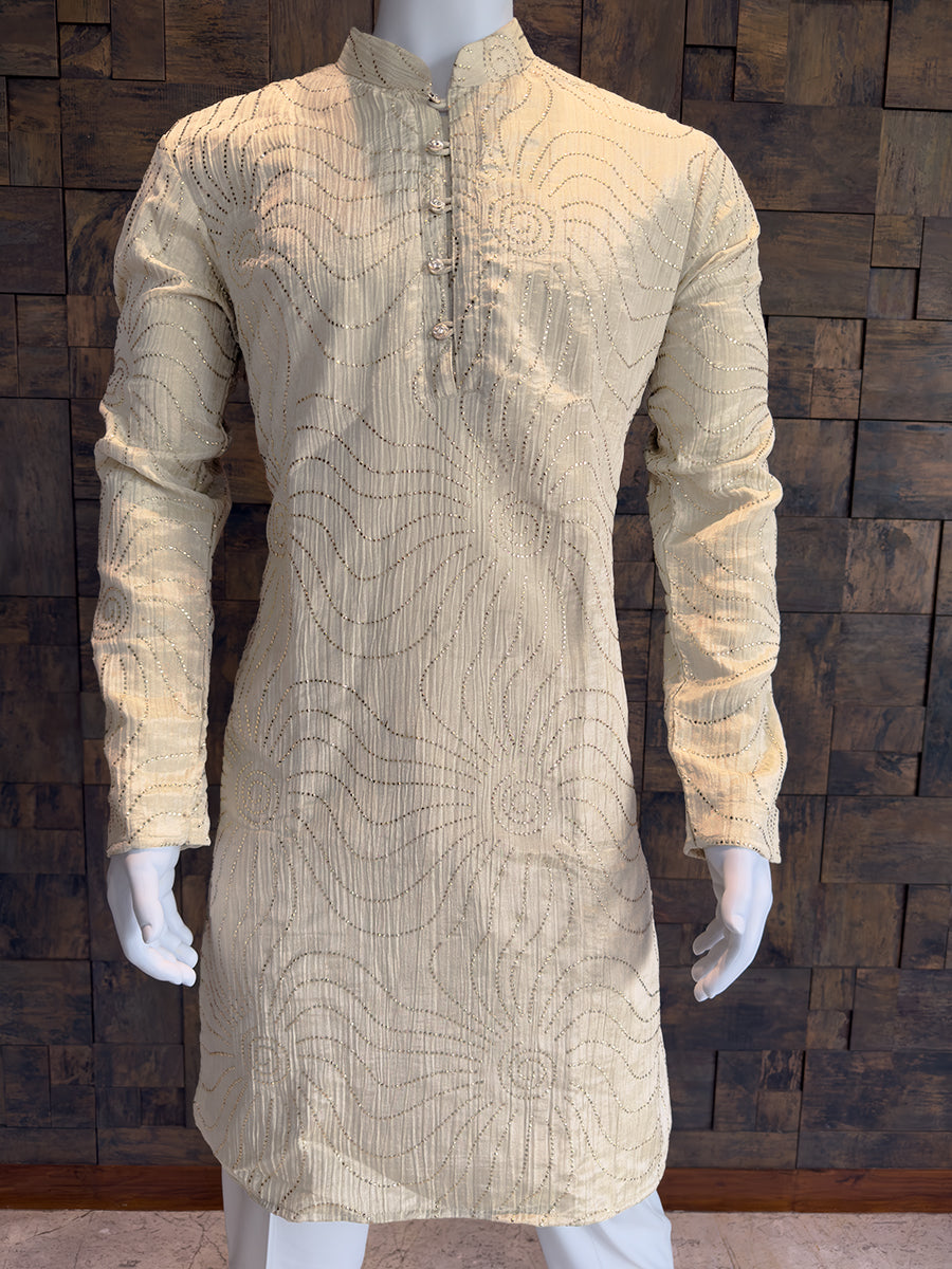 Cream Viscose Tissue Crush Kurta with Swirling Sequin Work