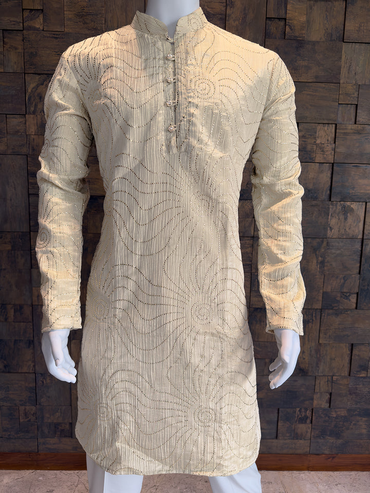 Cream Viscose Tissue Crush Kurta with Swirling Sequin Work