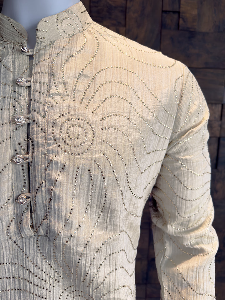 Cream Viscose Tissue Crush Kurta with Swirling Sequin Work