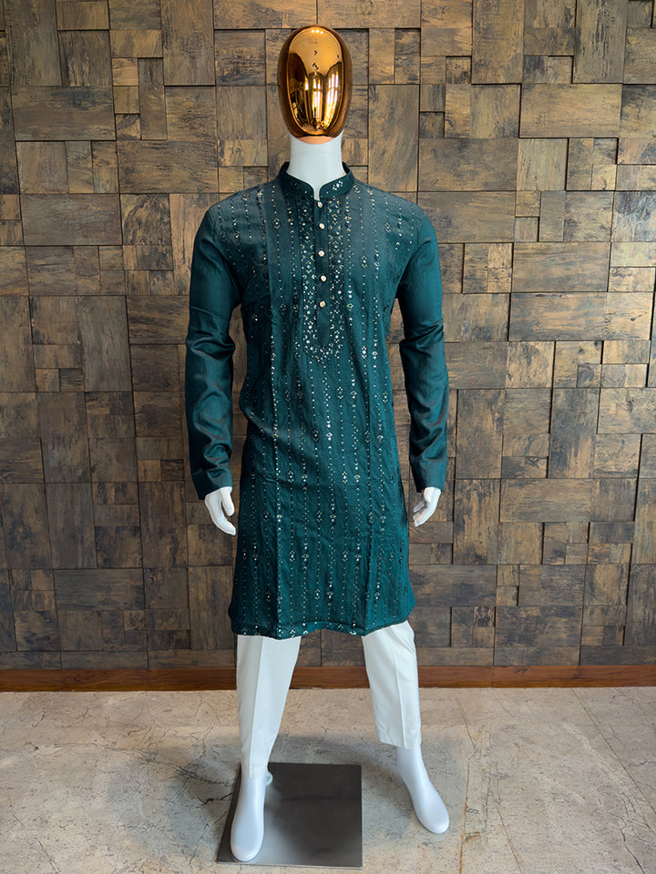 Teal Blue Viscose Kurta with Vertical Mirror Work & Thread Embroidery