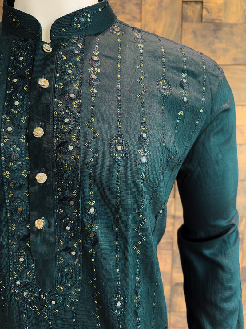 Teal Blue Viscose Kurta with Vertical Mirror Work & Thread Embroidery