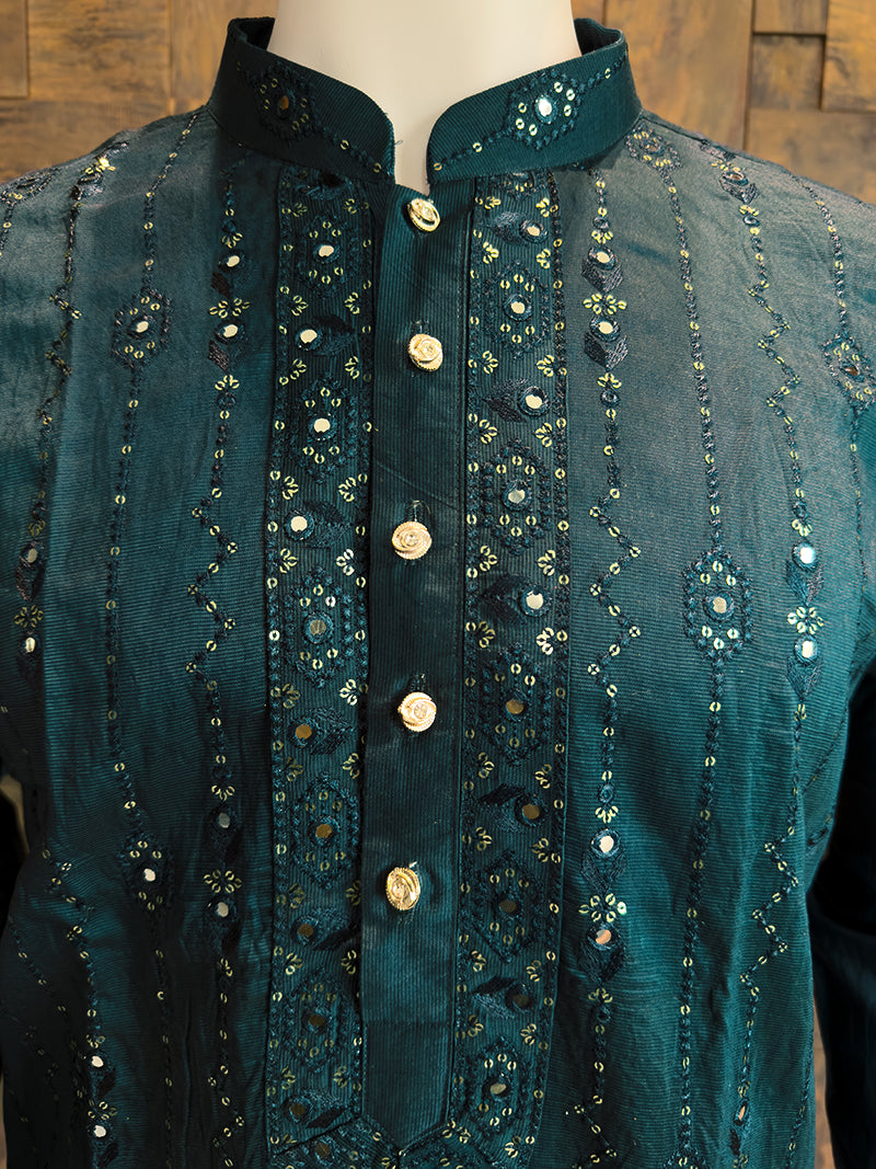 Teal Blue Viscose Kurta with Vertical Mirror Work & Thread Embroidery