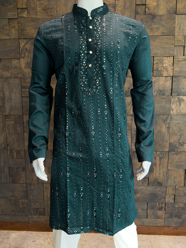 Teal Blue Viscose Kurta with Vertical Mirror Work & Thread Embroidery