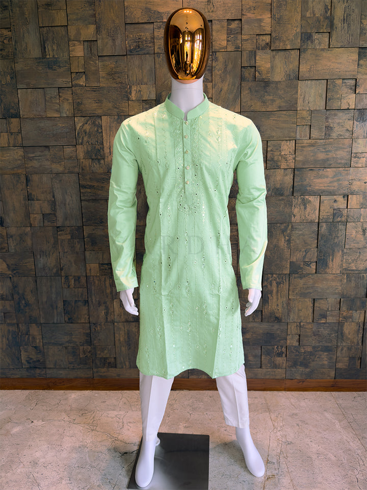 Mint Green Viscose Kurta with Vertical Mirror Work & Thread Embroidery