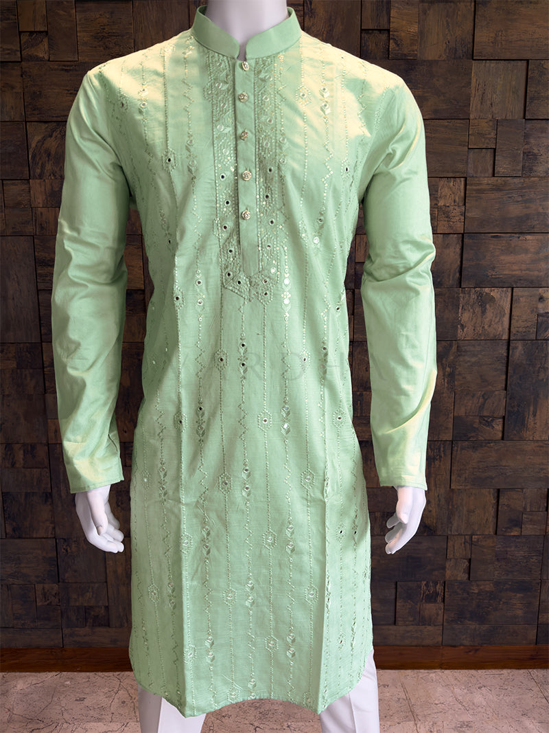 Mint Green Viscose Kurta with Vertical Mirror Work & Thread Embroidery