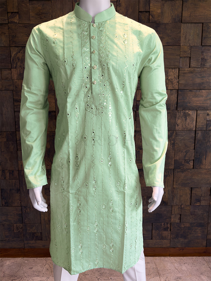Mint Green Viscose Kurta with Vertical Mirror Work & Thread Embroidery