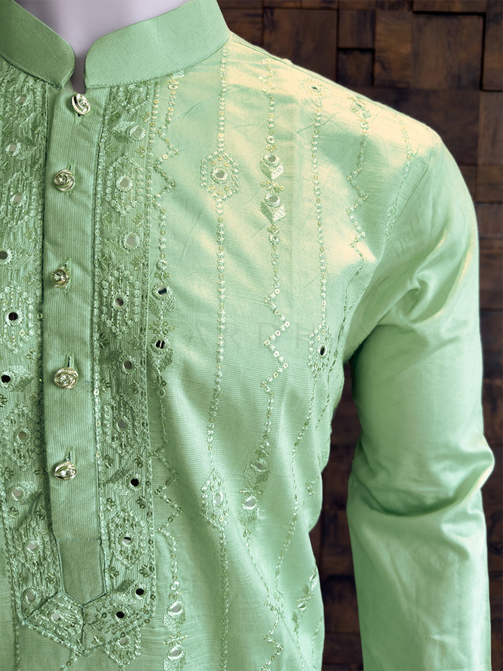 Mint Green Viscose Kurta with Vertical Mirror Work & Thread Embroidery