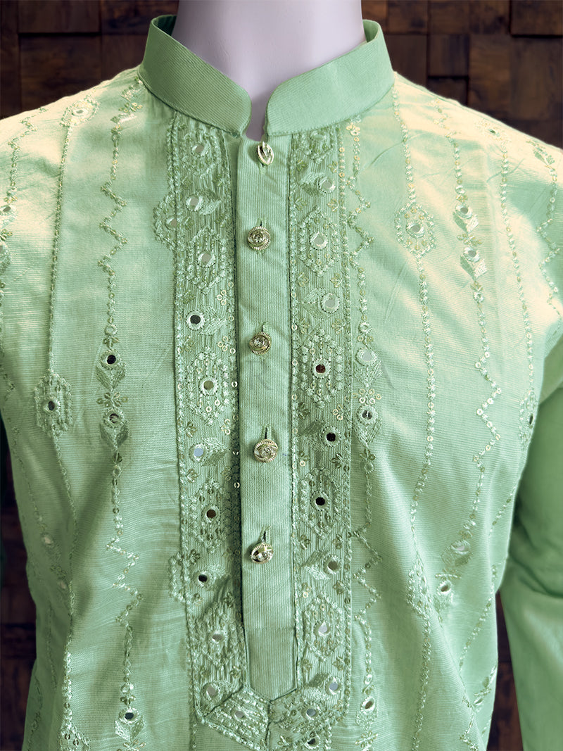 Mint Green Viscose Kurta with Vertical Mirror Work & Thread Embroidery