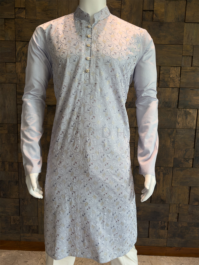 Ice Blue Viscose Kurta with Multi-Color Thread & Sequin Embroidery