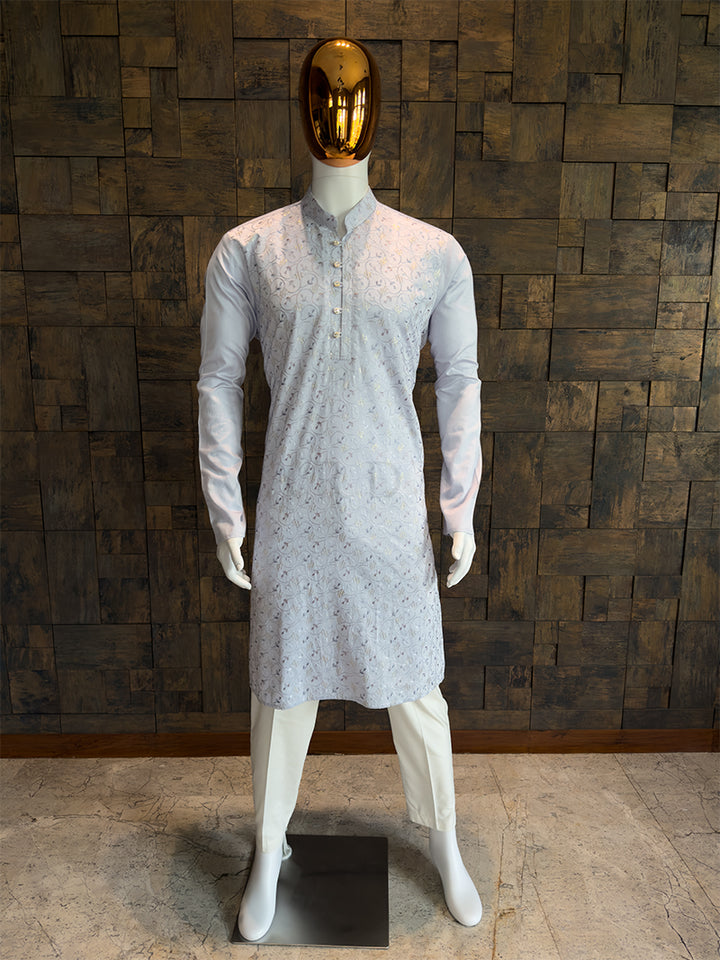 Ice Blue Viscose Kurta with Multi-Color Thread & Sequin Embroidery