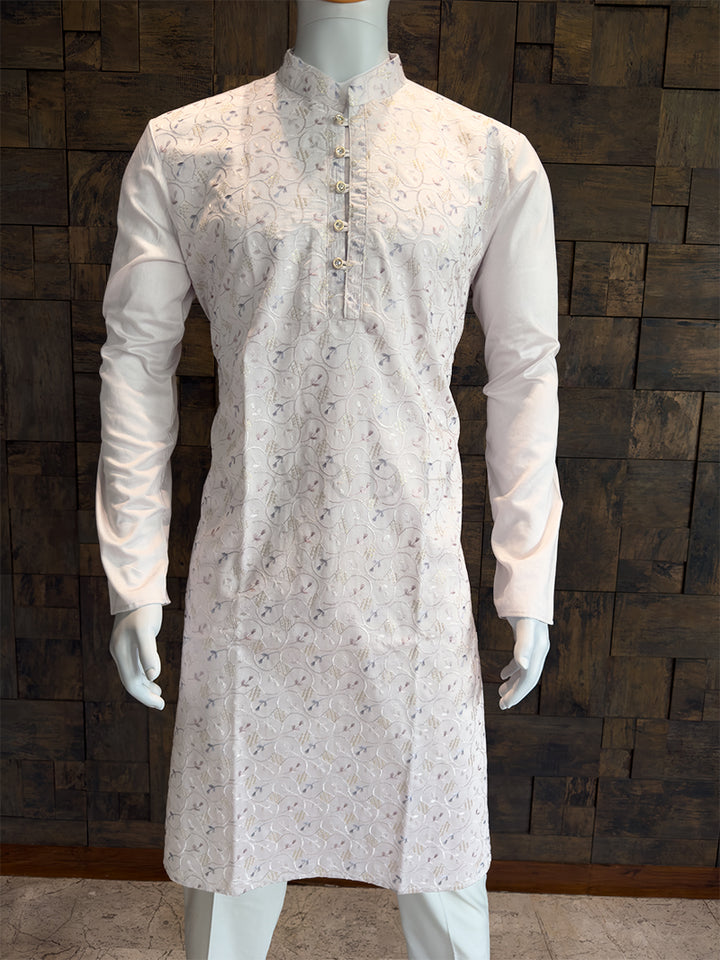 White Viscose Kurta with Multi-Color Pastel Thread & Sequin Embroidery