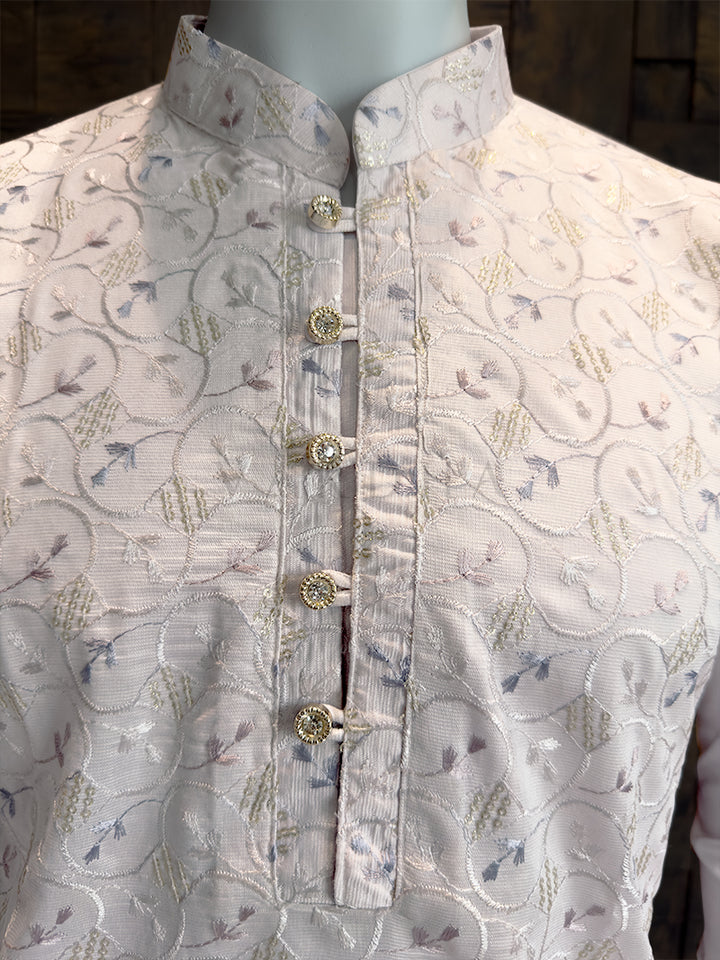 White Viscose Kurta with Multi-Color Pastel Thread & Sequin Embroidery