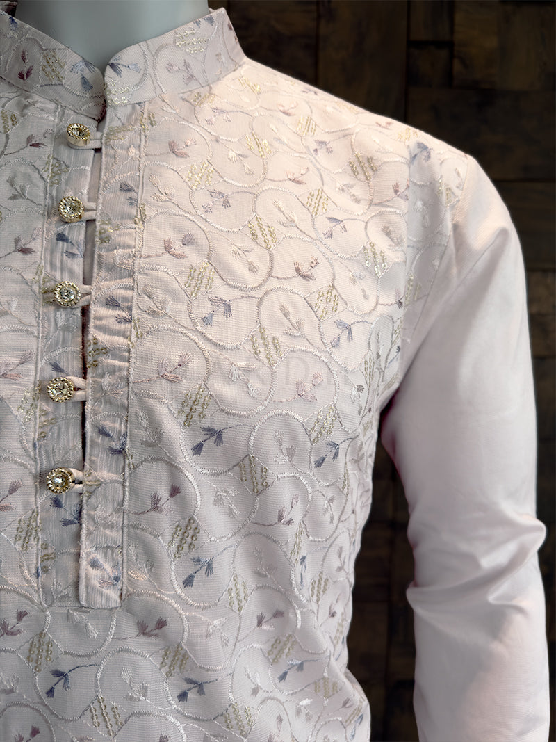 White Viscose Kurta with Multi-Color Pastel Thread & Sequin Embroidery