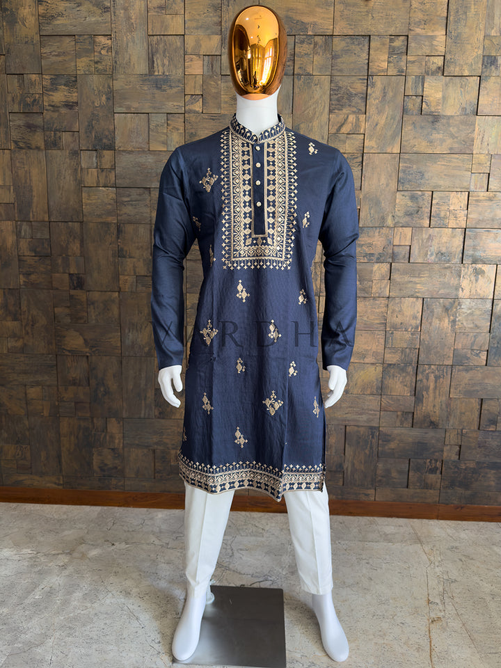 Navy Blue Viscose Embroidered Kurta with Mirror &amp; Thread Work
