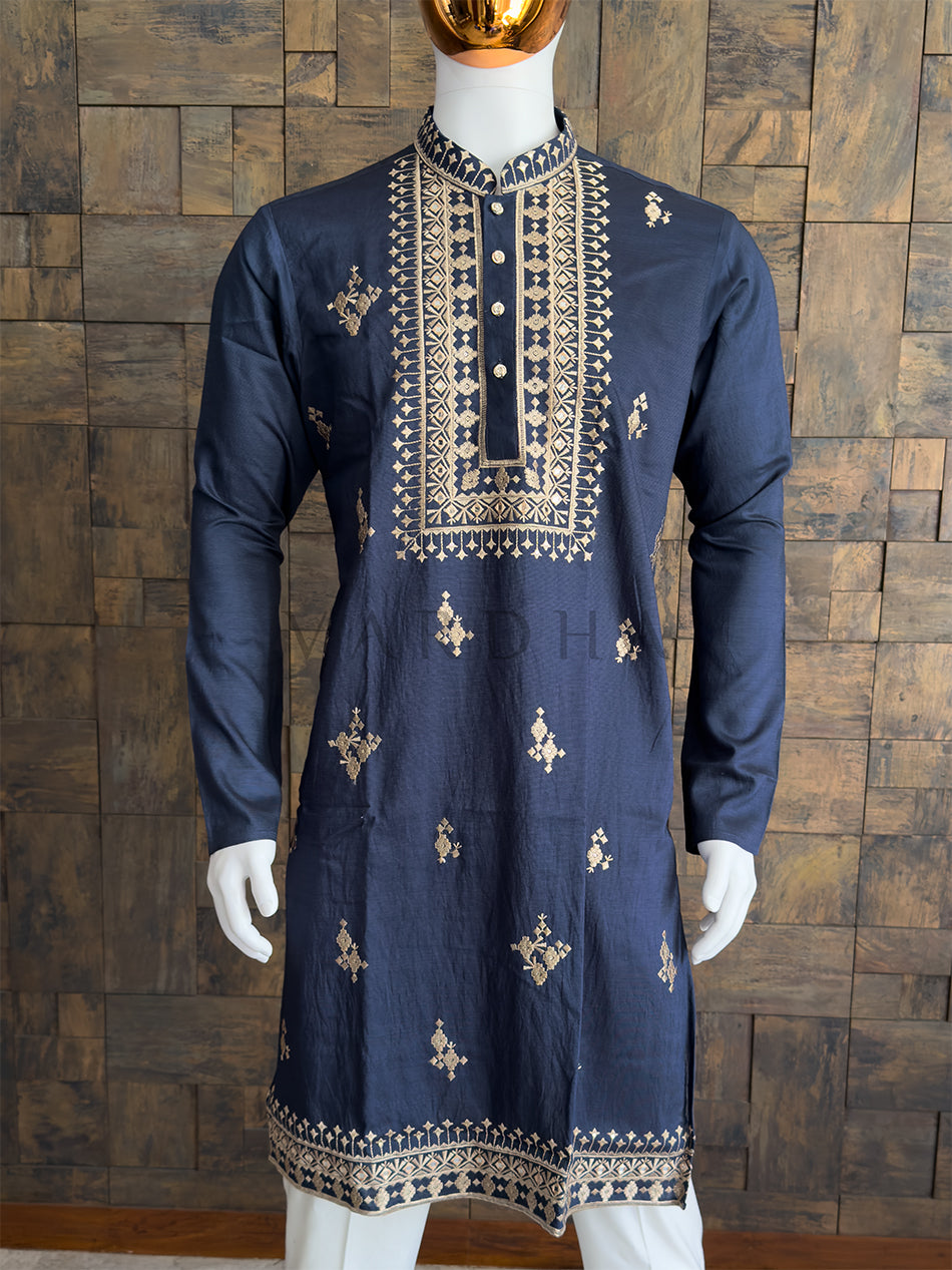 Navy Blue Viscose Embroidered Kurta with Mirror &amp; Thread Work