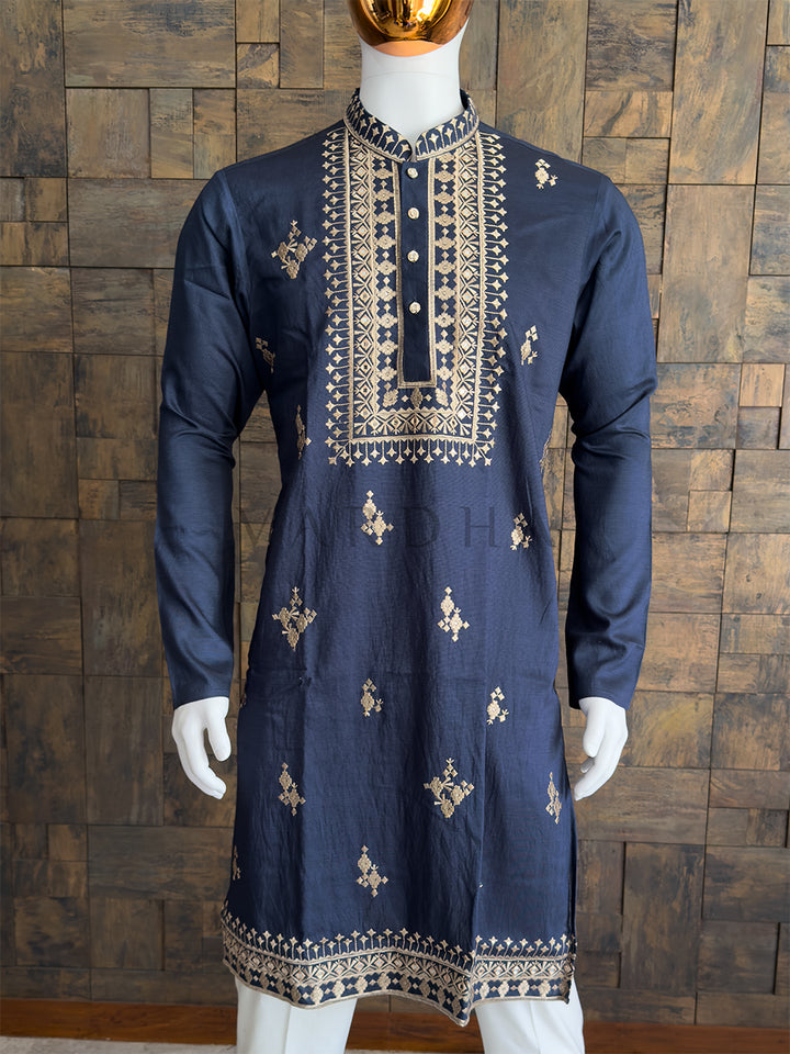 Navy Blue Viscose Embroidered Kurta with Mirror &amp; Thread Work