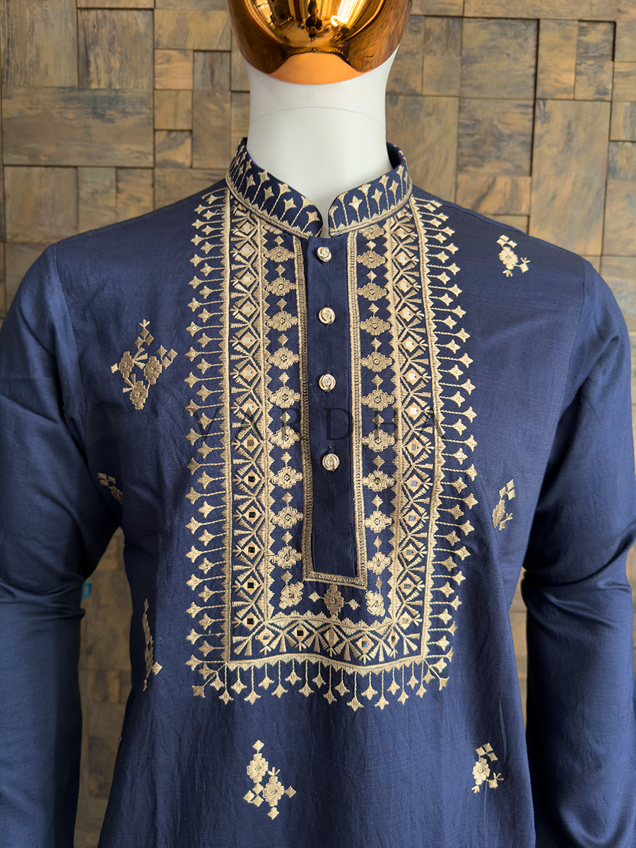 Navy Blue Viscose Embroidered Kurta with Mirror &amp; Thread Work