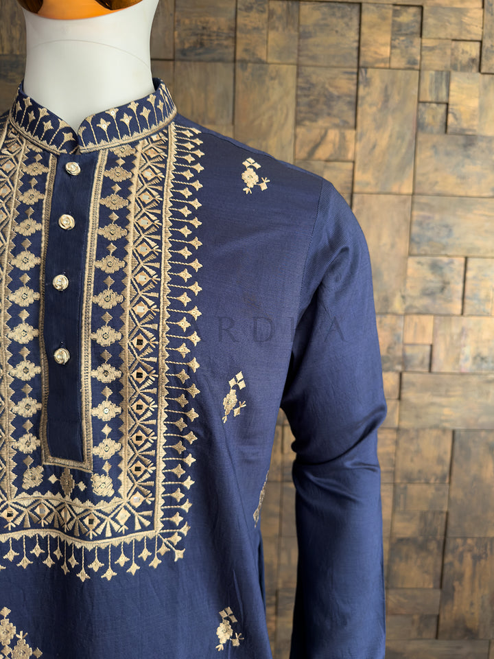 Navy Blue Viscose Embroidered Kurta with Mirror &amp; Thread Work