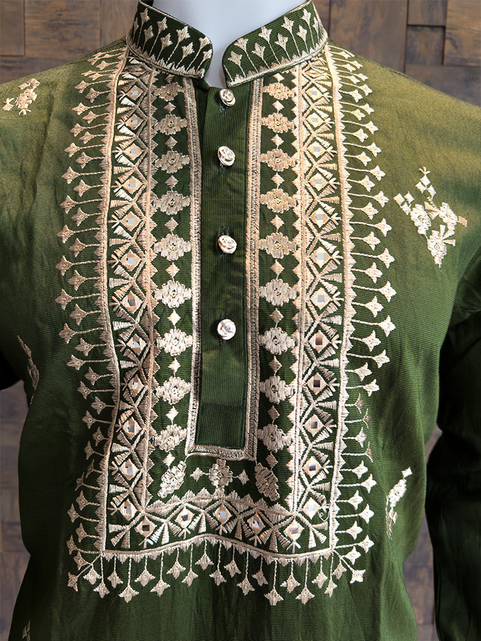Bottle Green Viscose Embroidered Kurta with Mirror & Thread Work