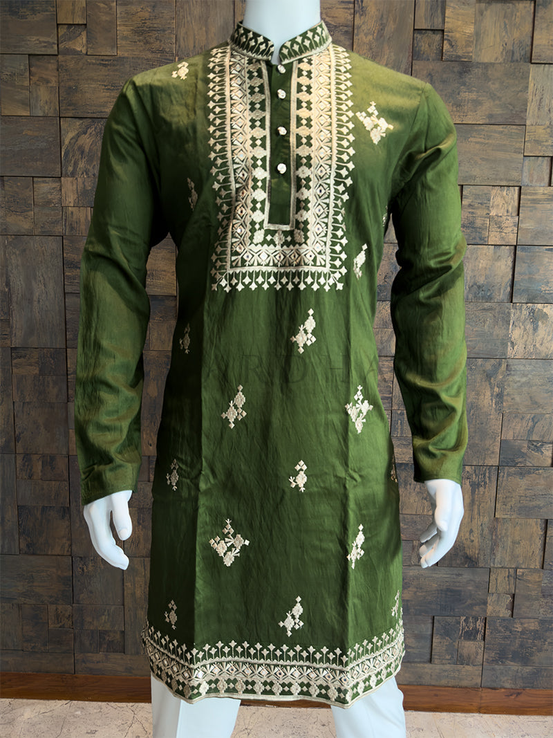 Bottle Green Viscose Embroidered Kurta with Mirror & Thread Work