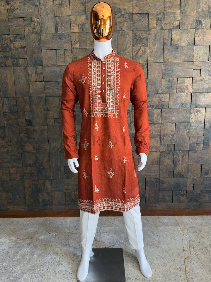 Burnt Orange Viscose Embroidered Kurta with Mirror &amp; Thread Work