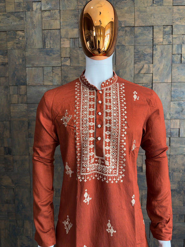 Burnt Orange Viscose Embroidered Kurta with Mirror &amp; Thread Work