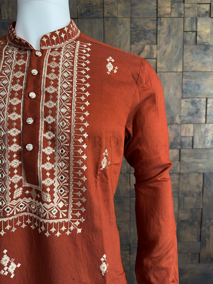 Burnt Orange Viscose Embroidered Kurta with Mirror &amp; Thread Work