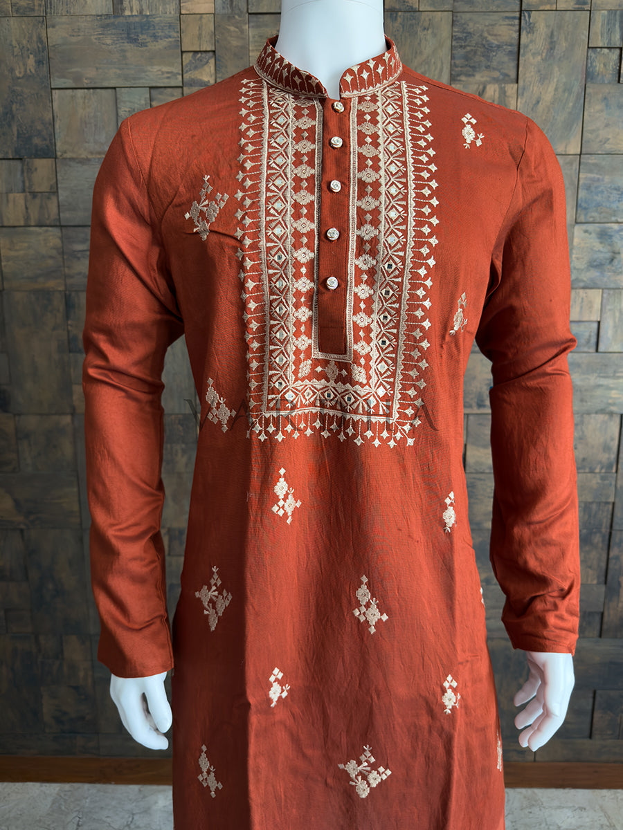 Burnt Orange Viscose Embroidered Kurta with Mirror &amp; Thread Work