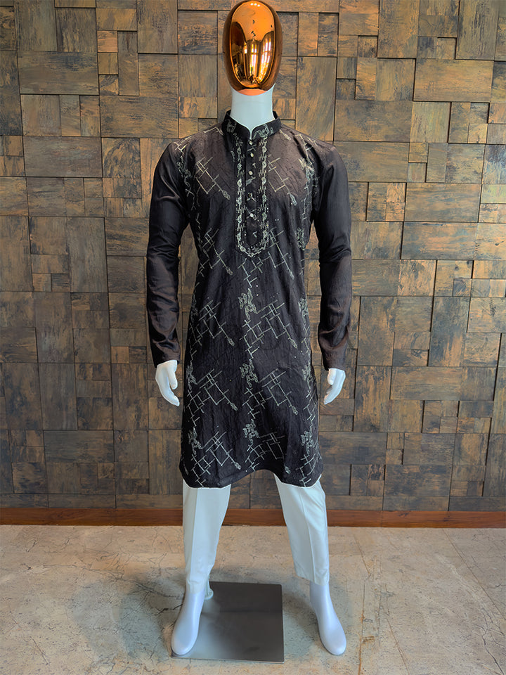 Jet Black Viscose Kurta with Abstract Silver Thread & Sequin Embroidery