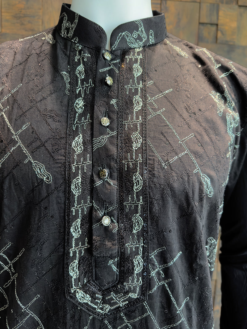 Jet Black Viscose Kurta with Abstract Silver Thread & Sequin Embroidery