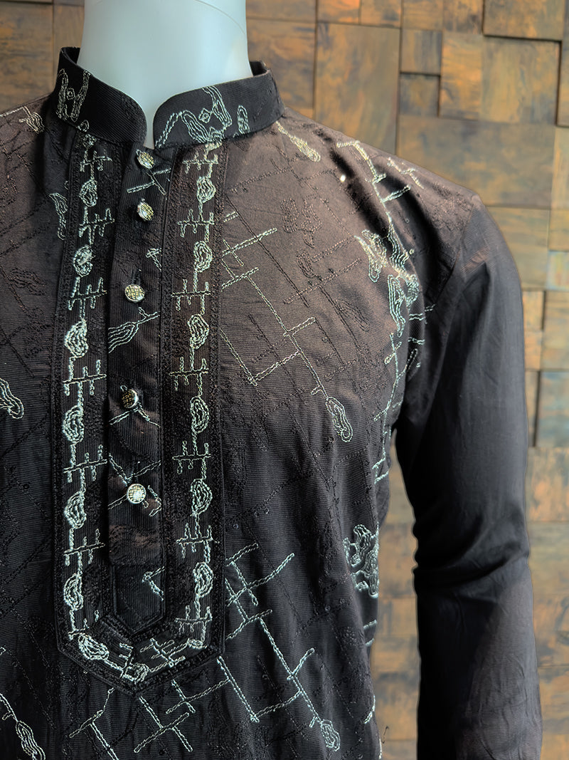 Jet Black Viscose Kurta with Abstract Silver Thread & Sequin Embroidery