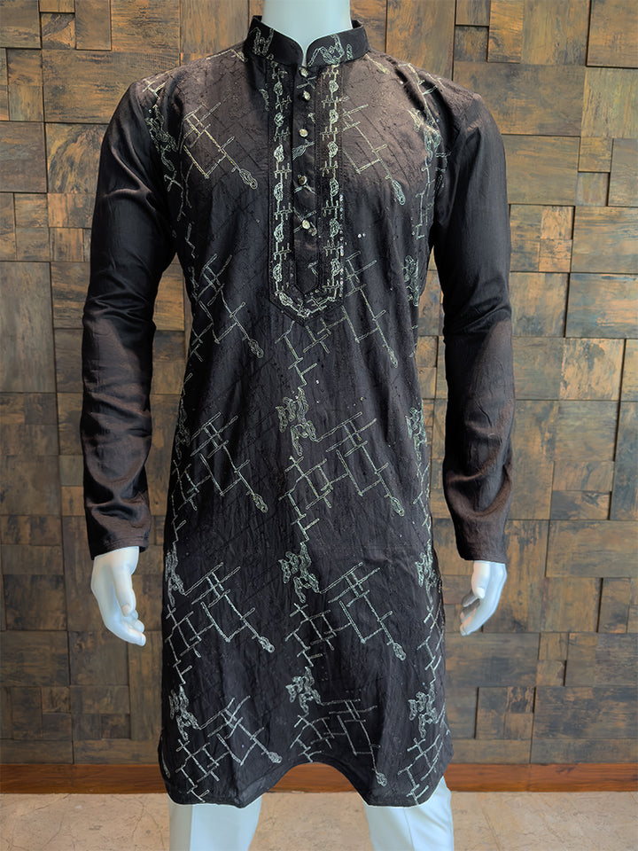 Jet Black Viscose Kurta with Abstract Silver Thread & Sequin Embroidery