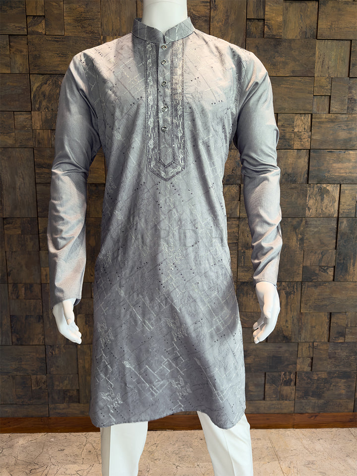 Silver Grey Viscose Kurta with Abstract Black Thread & Sequin Embroidery