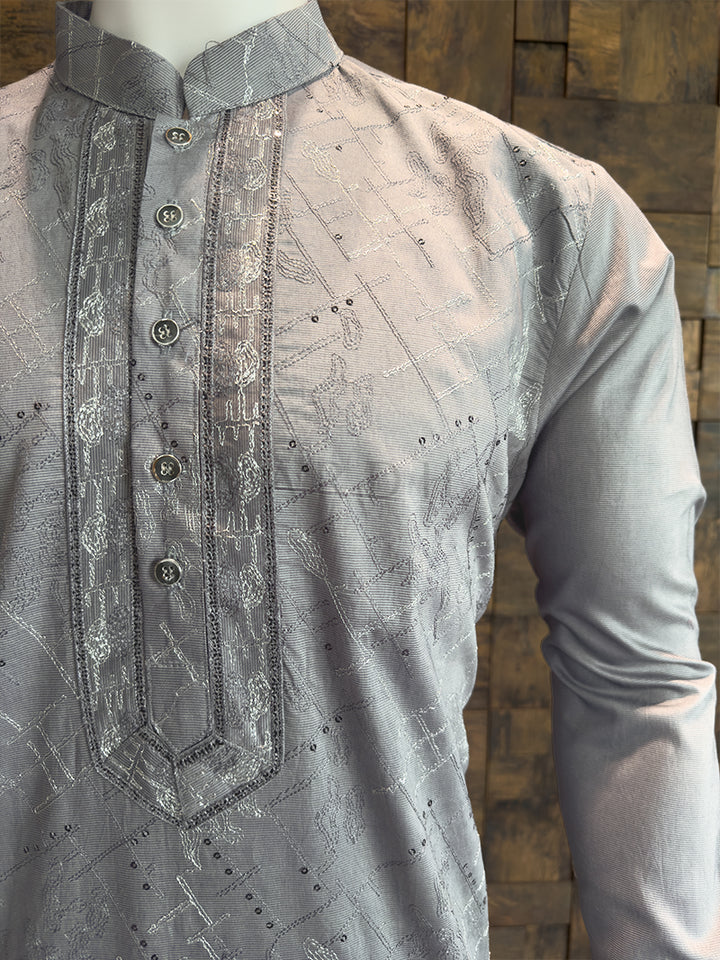 Silver Grey Viscose Kurta with Abstract Black Thread & Sequin Embroidery