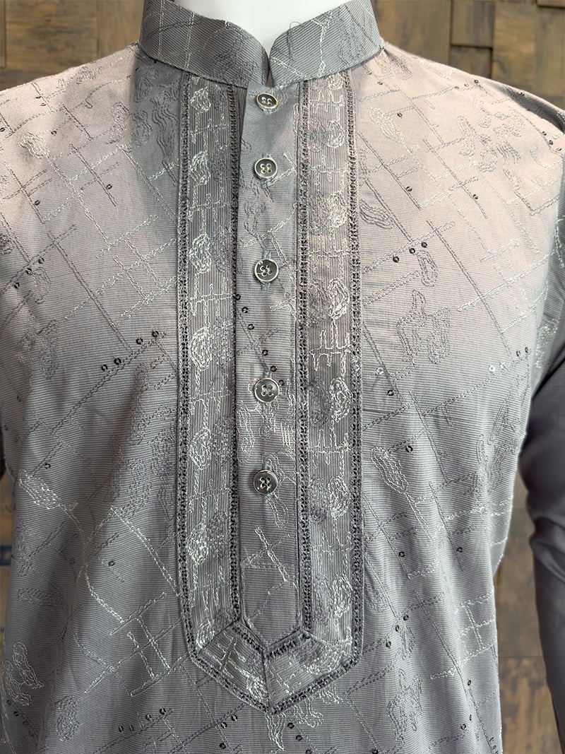 Silver Grey Viscose Kurta with Abstract Black Thread & Sequin Embroidery