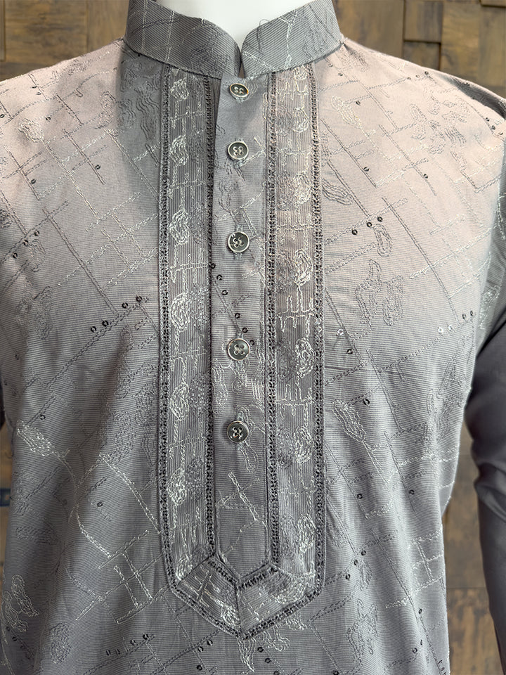 Silver Grey Viscose Kurta with Abstract Black Thread & Sequin Embroidery