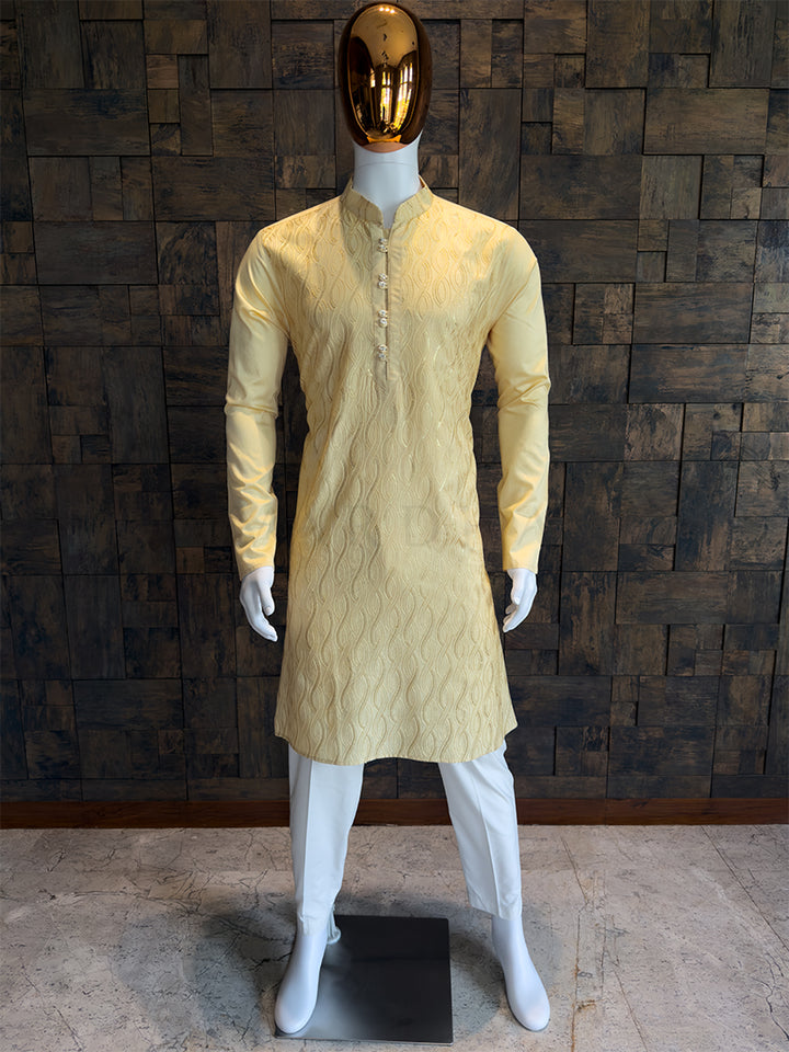 Butter Cream Viscose Kurta with Wavy Vine Embroidery