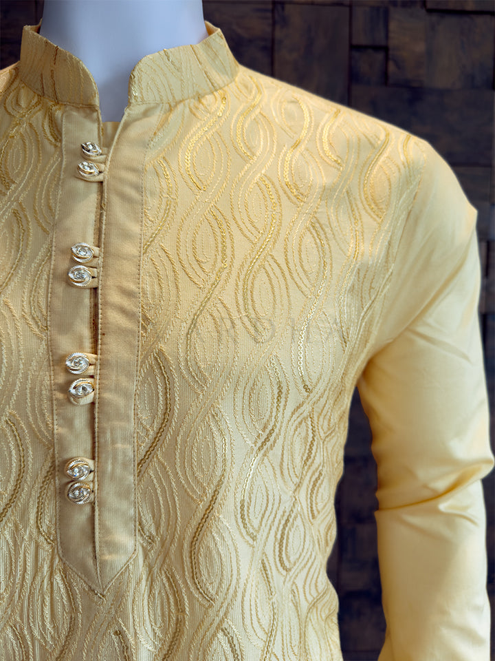 Butter Cream Viscose Kurta with Wavy Vine Embroidery