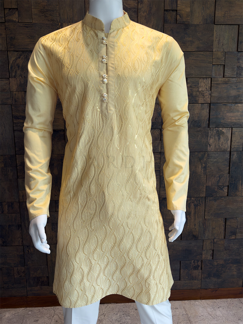 Butter Cream Viscose Kurta with Wavy Vine Embroidery