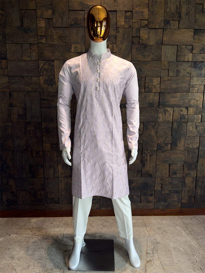 Lilac Viscose Kurta with Wavy Vine Embroidery