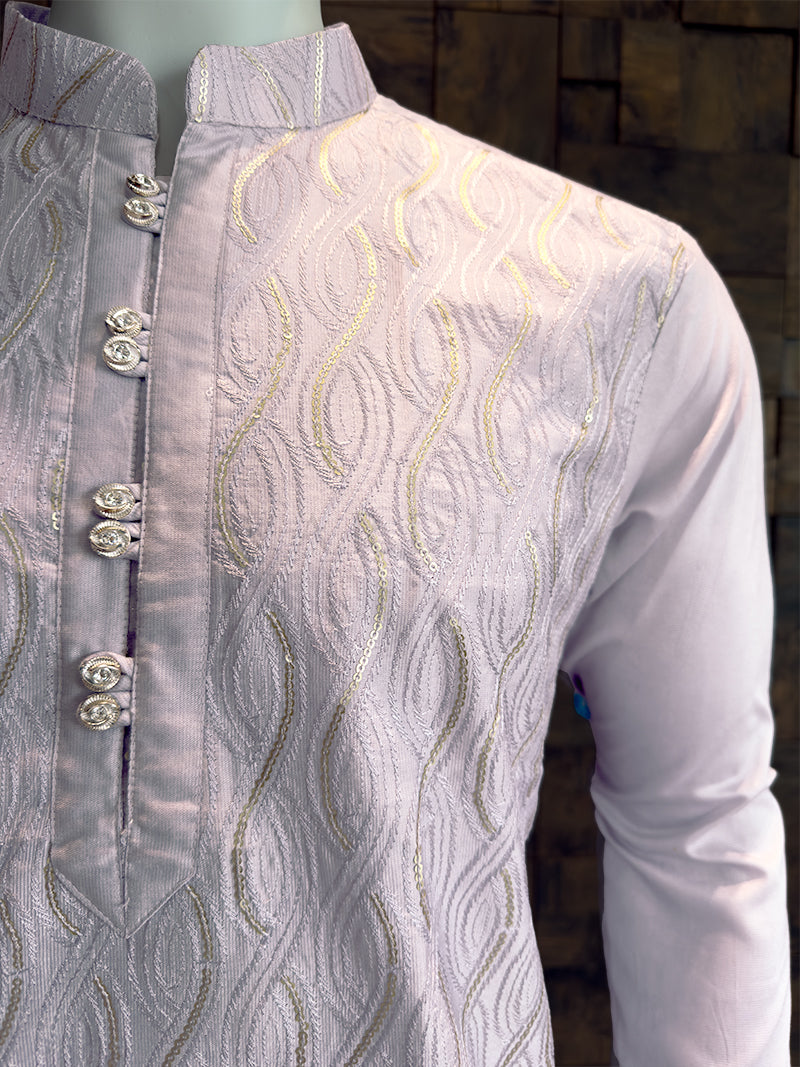 Lilac Viscose Kurta with Wavy Vine Embroidery