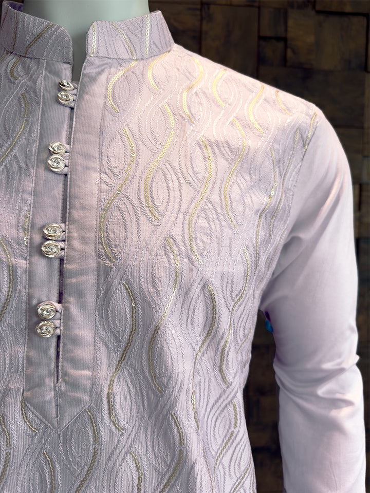 Lilac Viscose Kurta with Wavy Vine Embroidery