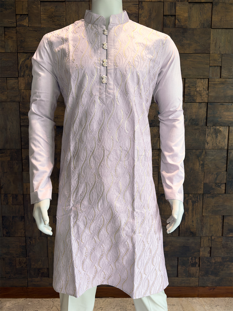 Lilac Viscose Kurta with Wavy Vine Embroidery