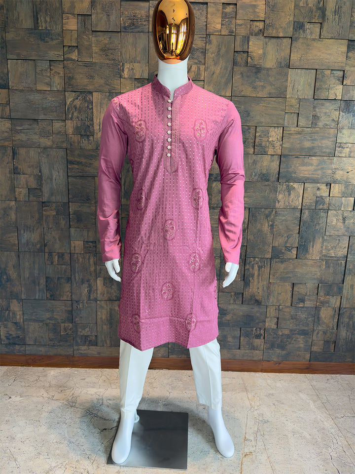 Onion Pink Viscose Kurta with Floral Butta and Sequin Stripes